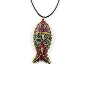 Nepalese Mosaic Fish Pendant Necklace in Red and Turquoise. **Unisex